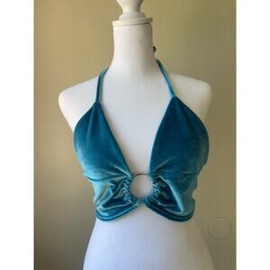 Y2K Blue Velvet O-Ring Halter Top – Size Small